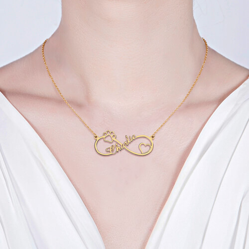 Infinity Paw Print Name Necklace Gold Plated