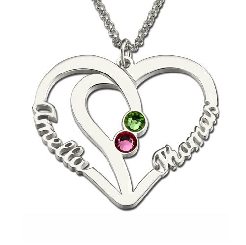 Heart Names Necklace with Two Birthstones