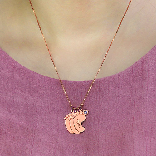 Mother Pendant Baby Feet Necklace In Rose Gold
