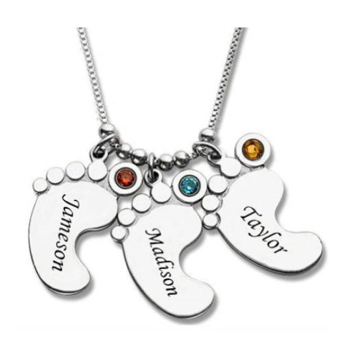 Personalized Mothers Necklace Baby Feet Charm
